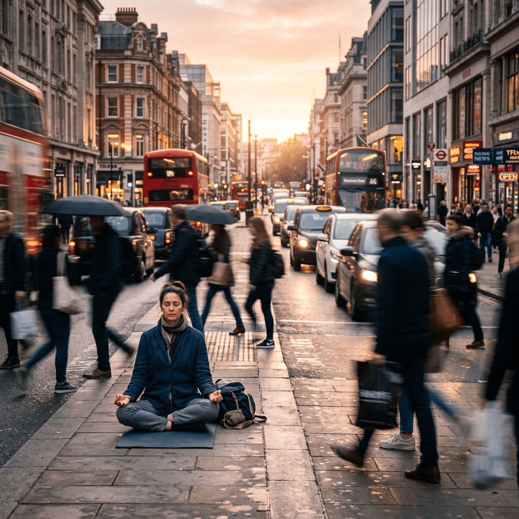 Woman sitting cross-legged meditating on a busy city sidewalk with traffic and pedestrians around her