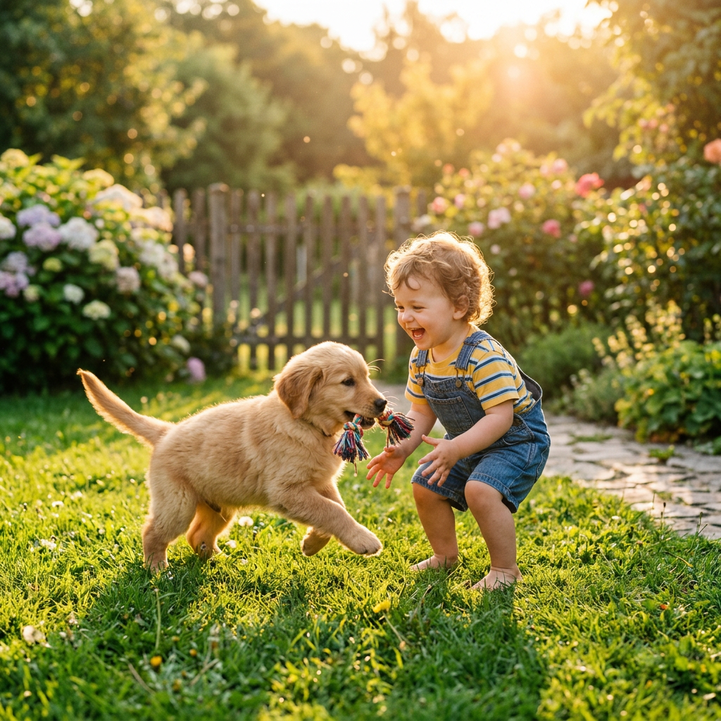 Toddler in striped shirt and denim overalls playing tug-of-war with a golden retriever puppy.