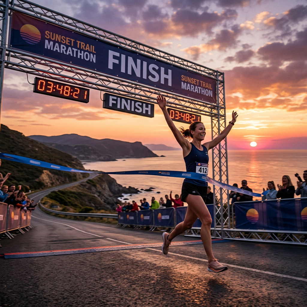 Runner crossing Sunset Trail Marathon finish line with arms raised at sunset