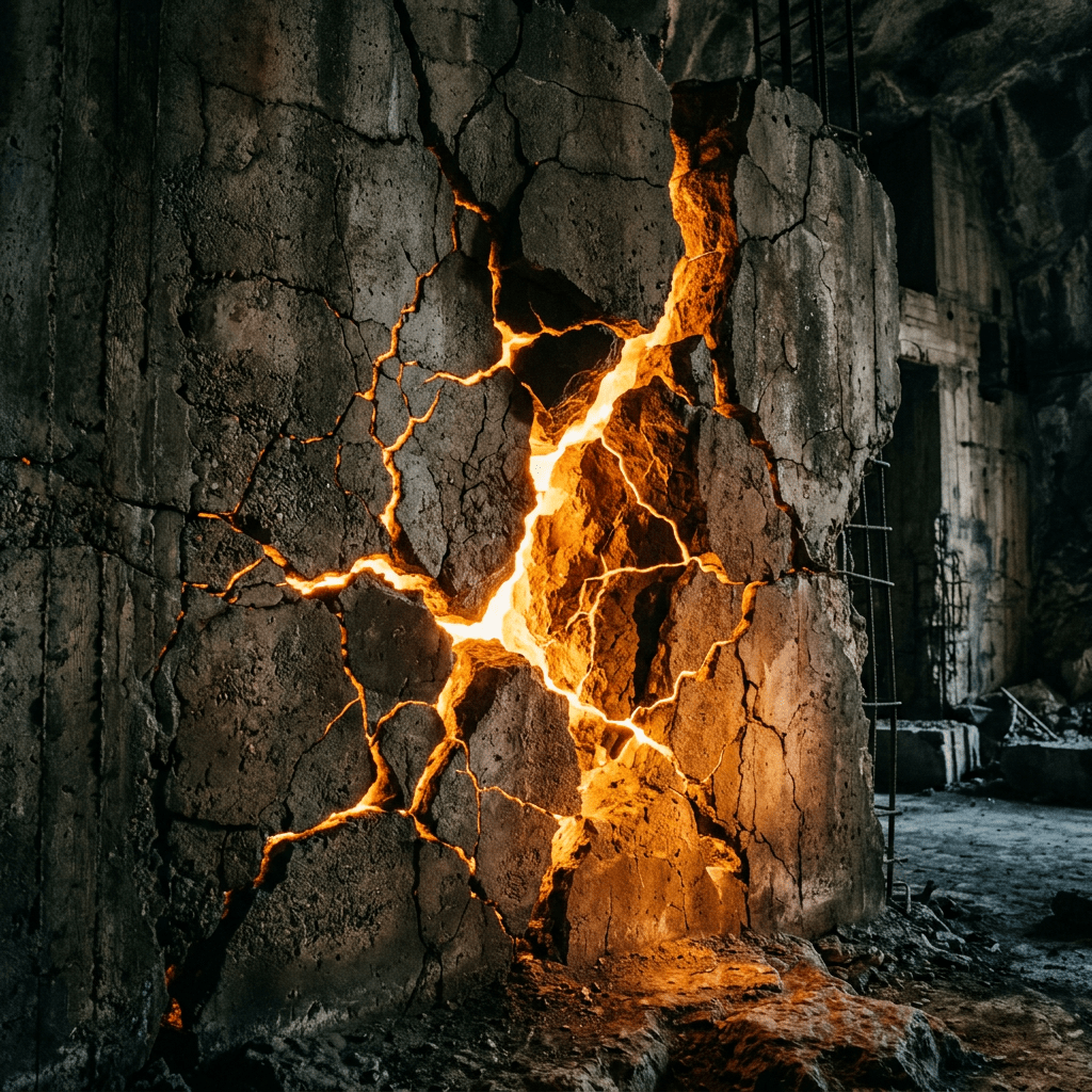 Cracked concrete wall with glowing orange light shining through fissures in a dark abandoned building