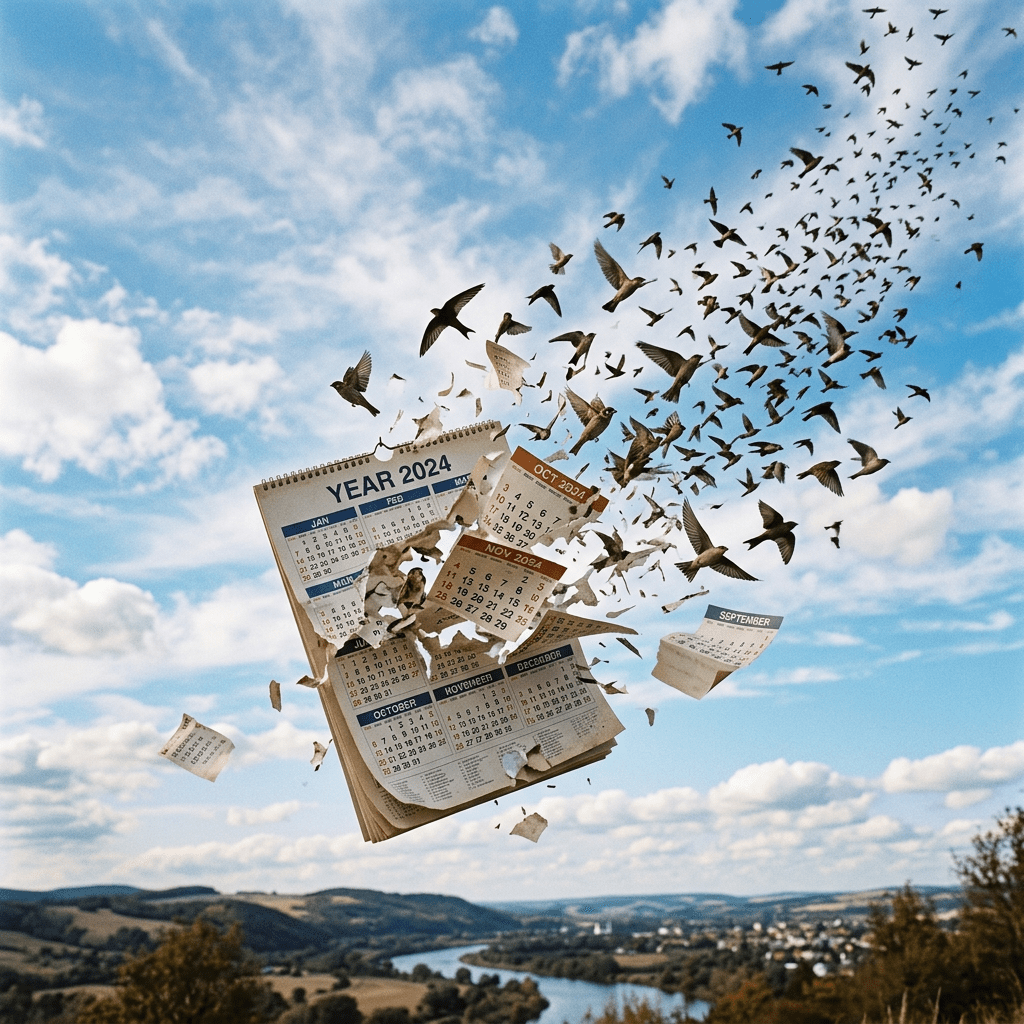 2024 calendar pages tearing and turning into birds flying over landscape