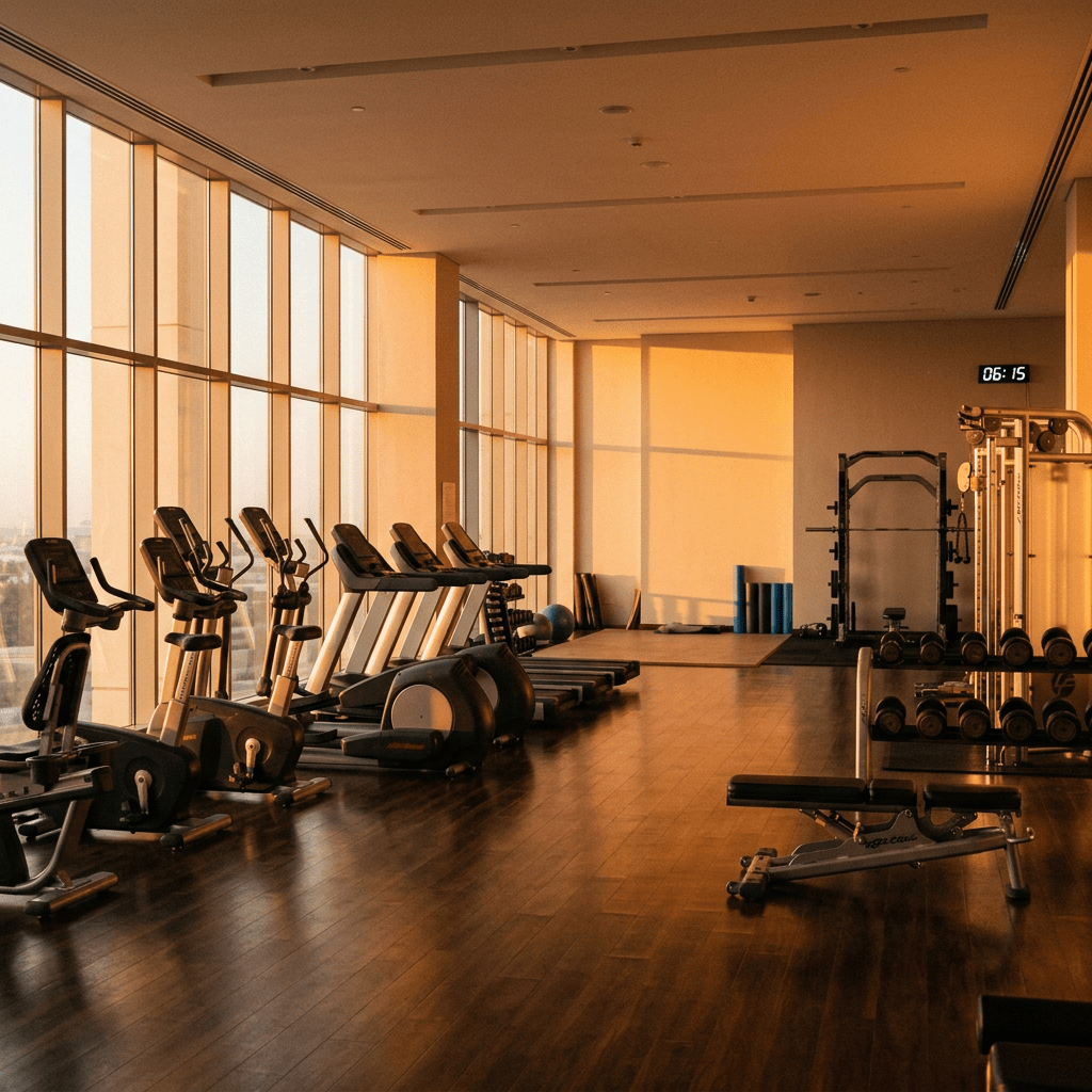Gym interior with treadmills, stationary bikes, free weights, and workout benches illuminated by sunrise