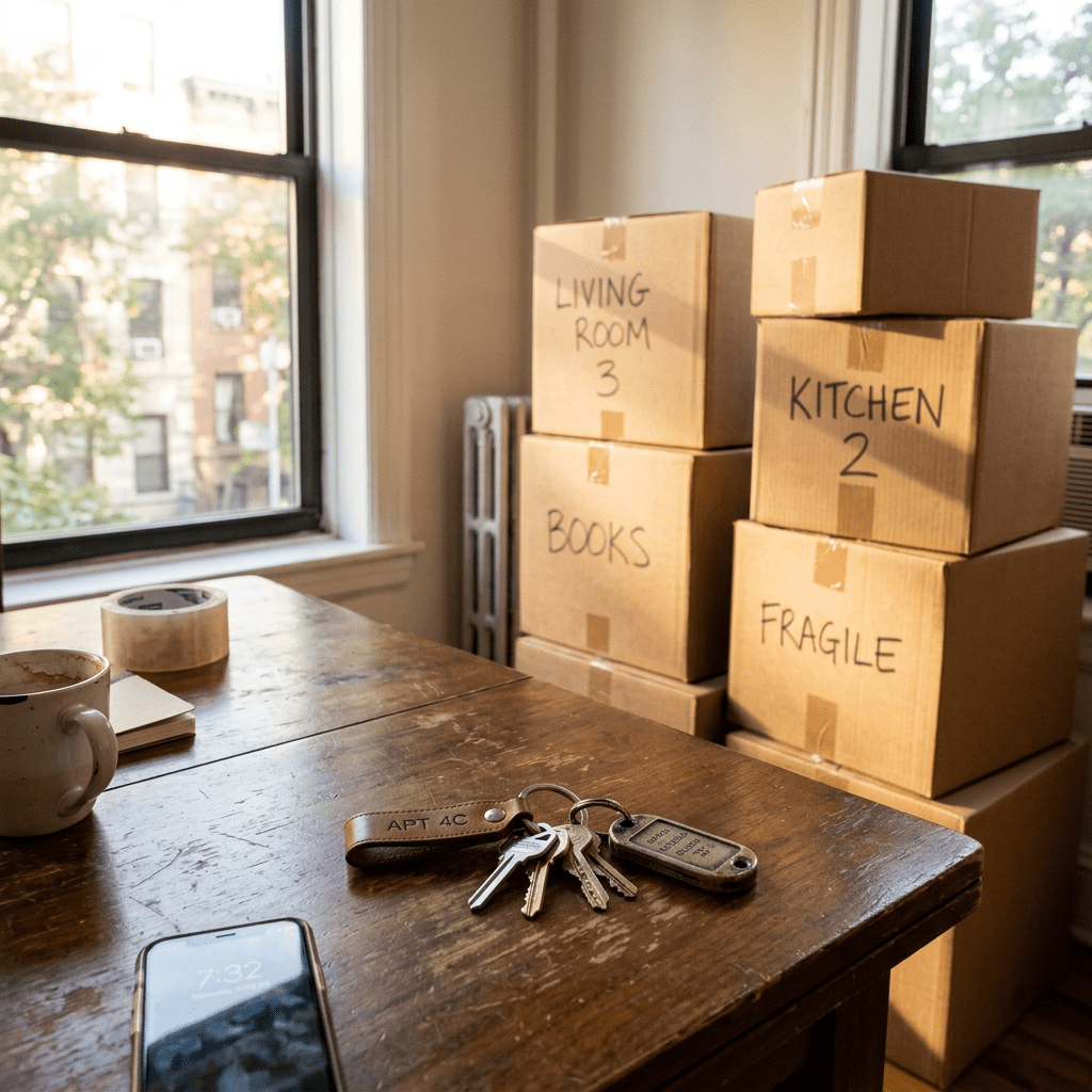 Keys on wooden table with labeled moving boxes in background