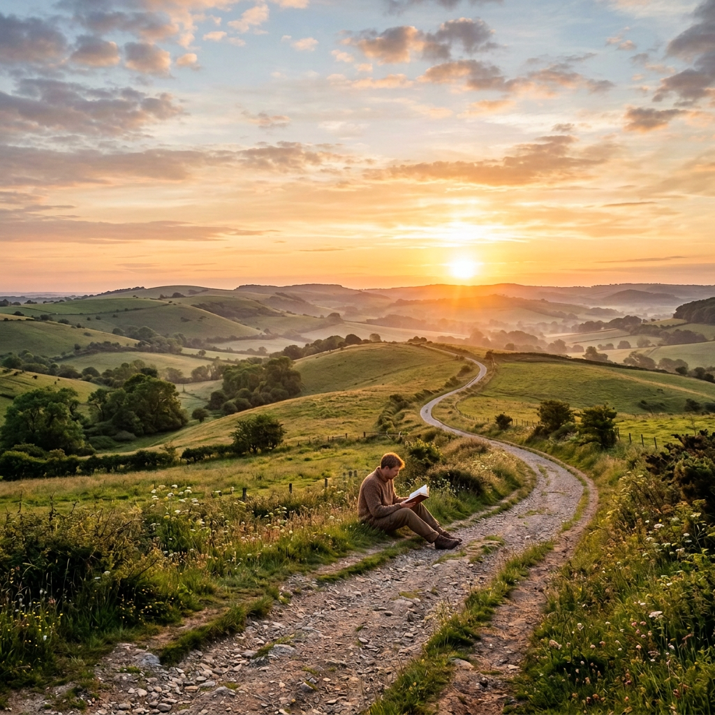Curved dirt path through green hills with trees at sunset under partly cloudy sky