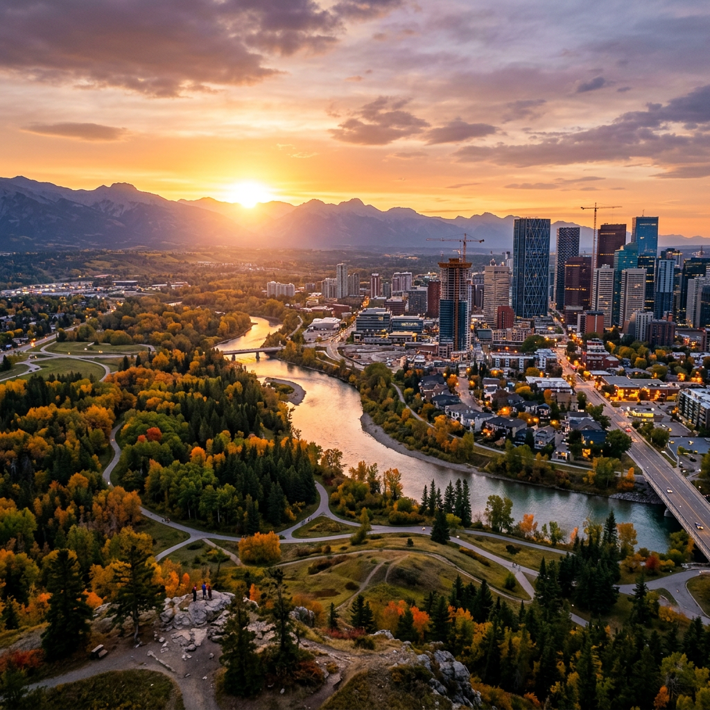 Sunset over river, park with autumn trees, and city skyline with mountains