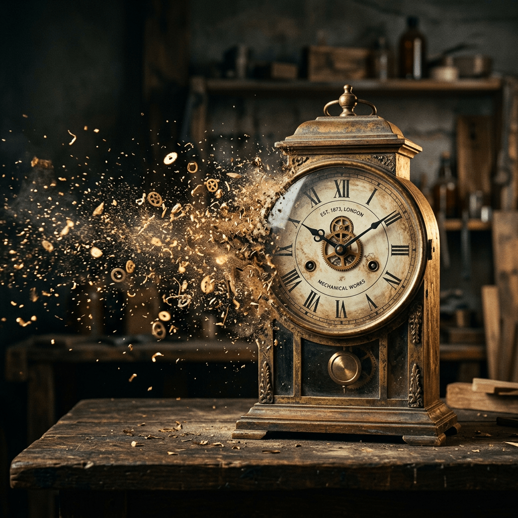 Antique clock with Roman numerals breaking apart into flying gears and wood dust
