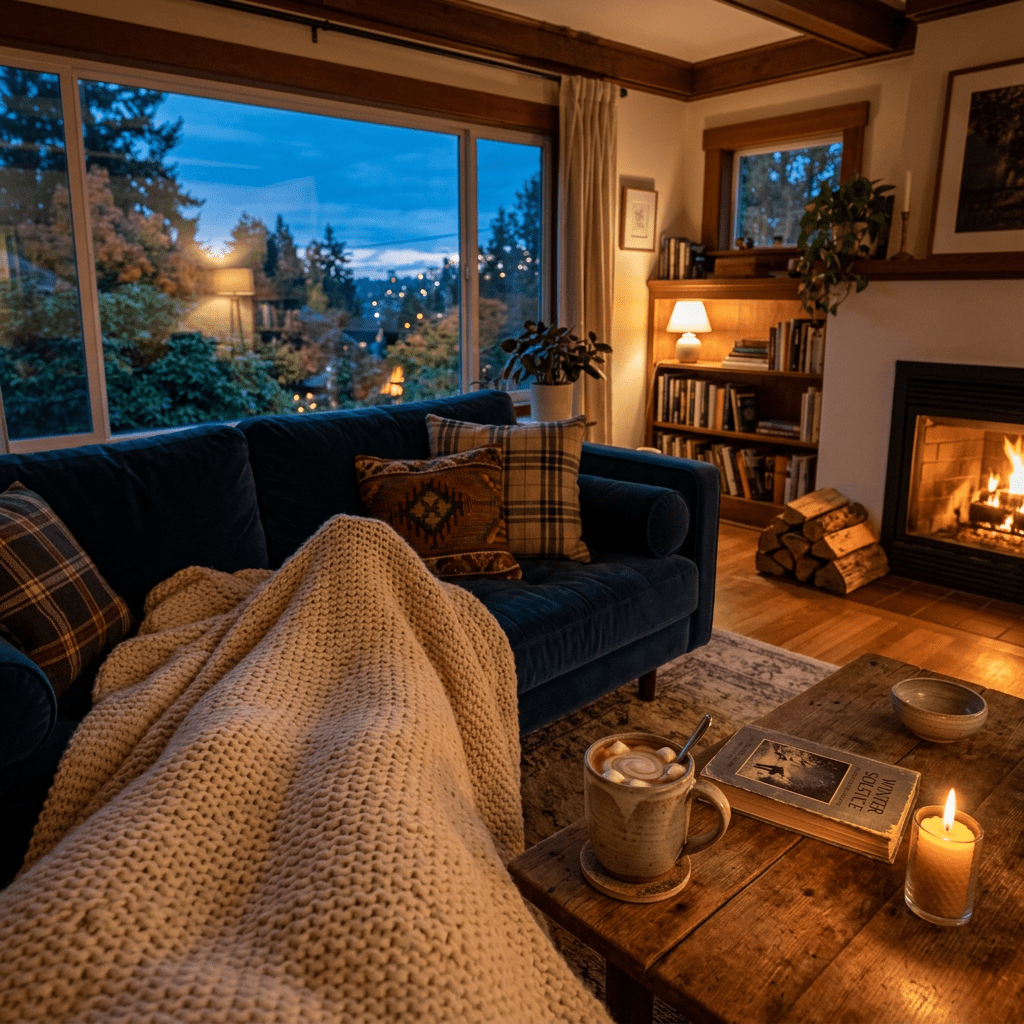 Living room with fireplace, knit blanket on sofa, mug of hot drink, and city view at dusk.