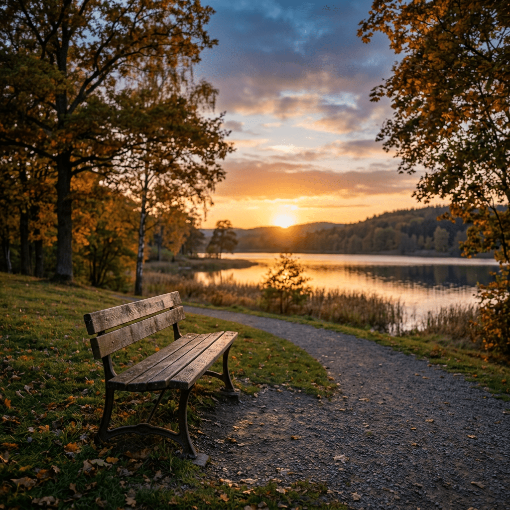 Wooden park bench near lake at sunset with autumn trees and pathway