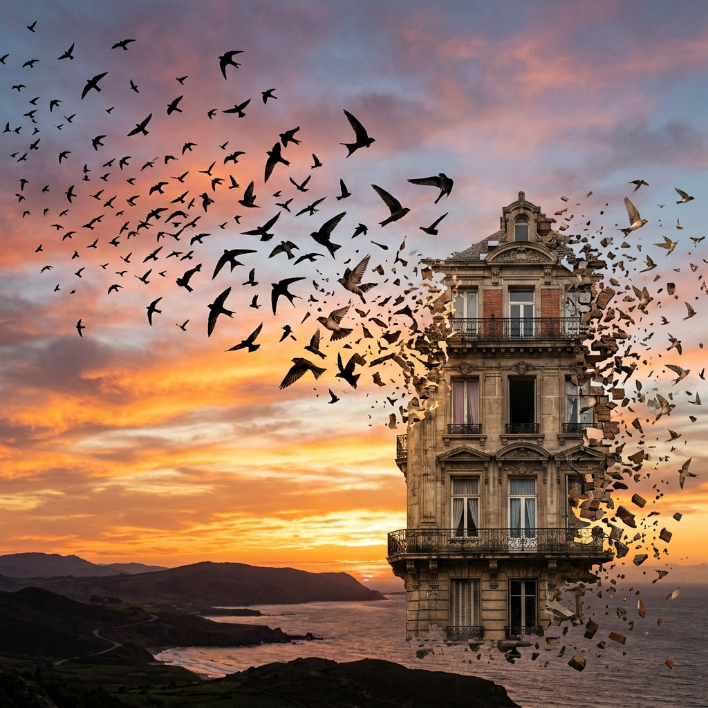 Apartment dissolving into birds in sunset sky