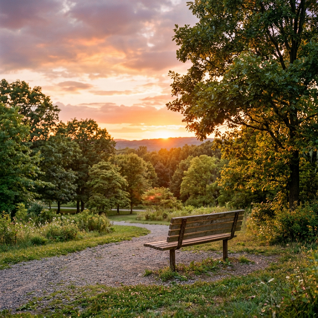 Wooden bench on a gravel path surrounded by trees at sunset
