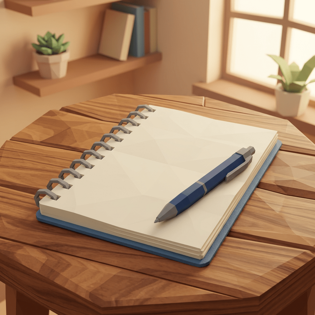Blank spiral notebook with blue pen on wooden table by window