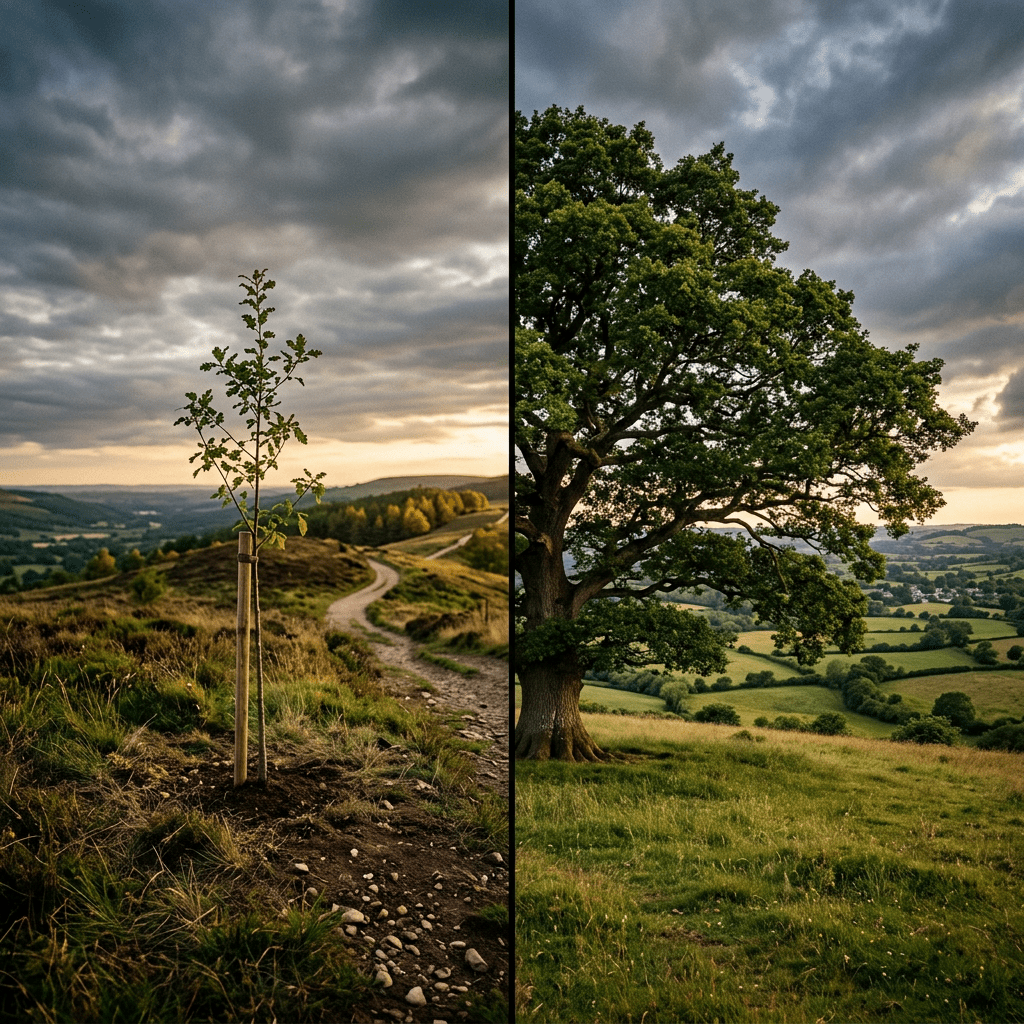 Split scene sapling and mature tree landscape