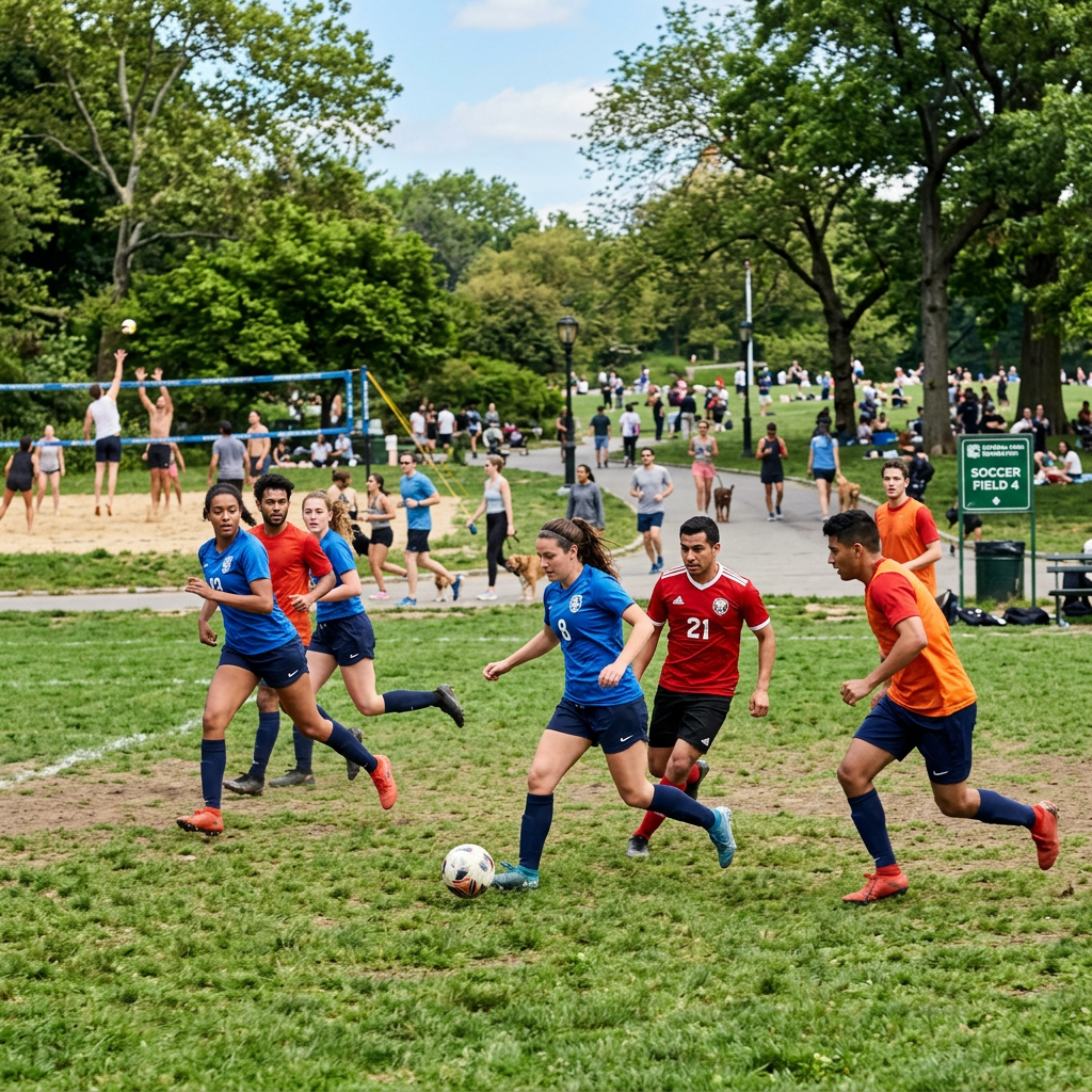 Soccer players in blue and red jerseys compete in a city park