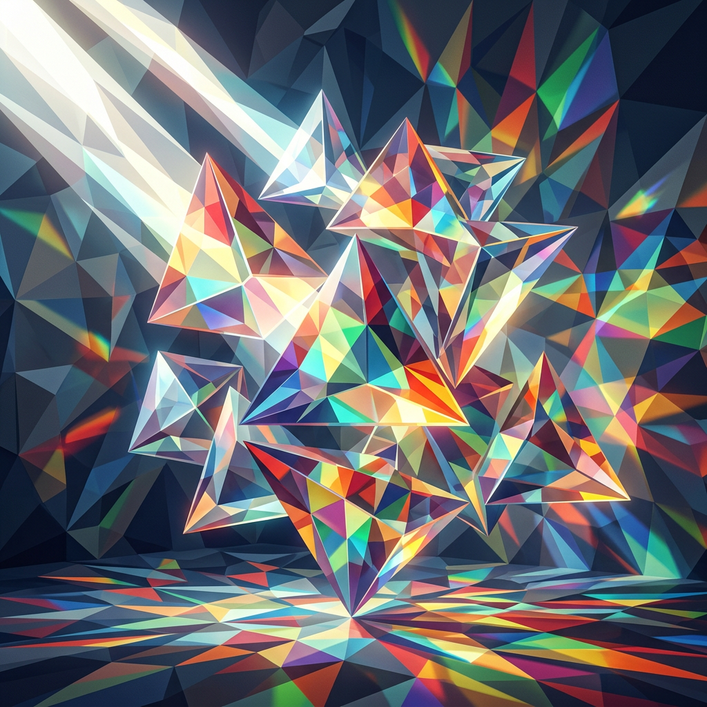 Vivid multicolored crystalline geometric forms against a dark faceted background