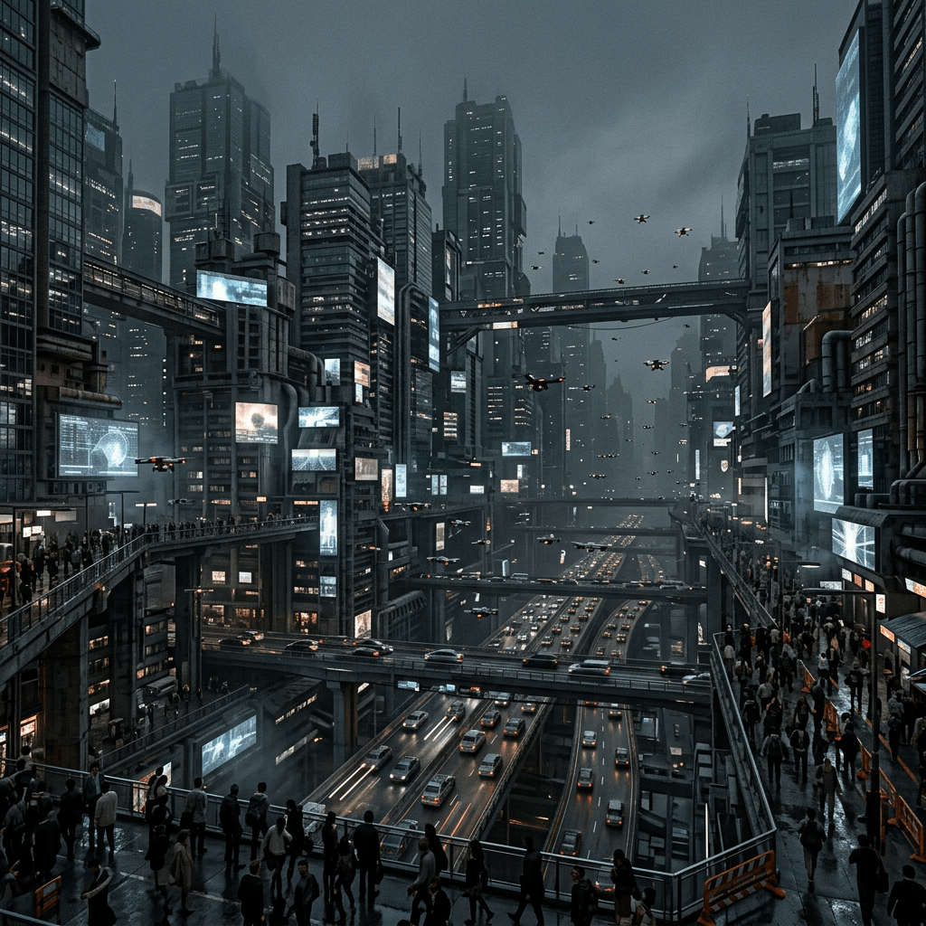 Futuristic megacity with skyscrapers, multilayer highways, pedestrians, and flying drones