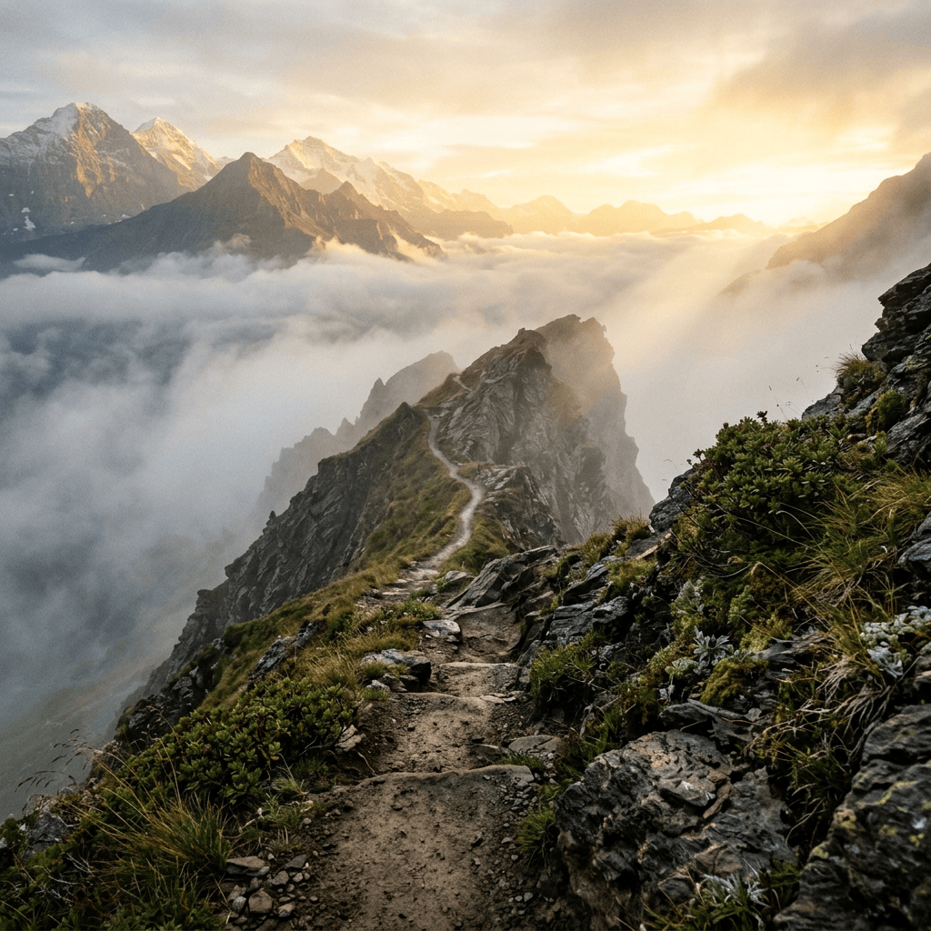 Narrow alpine trail winding along a rocky ridge above clouds