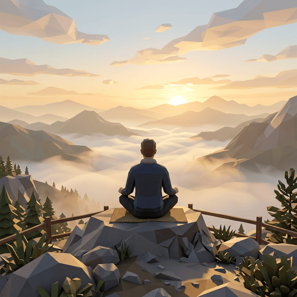 Person meditating on a mountain overlook at sunrise