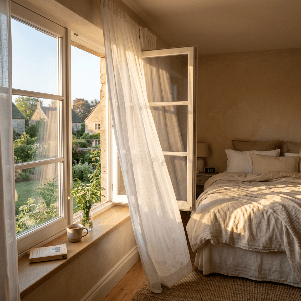 Sunlit bedroom with open window, sheer curtains, bed, tea, and garden view