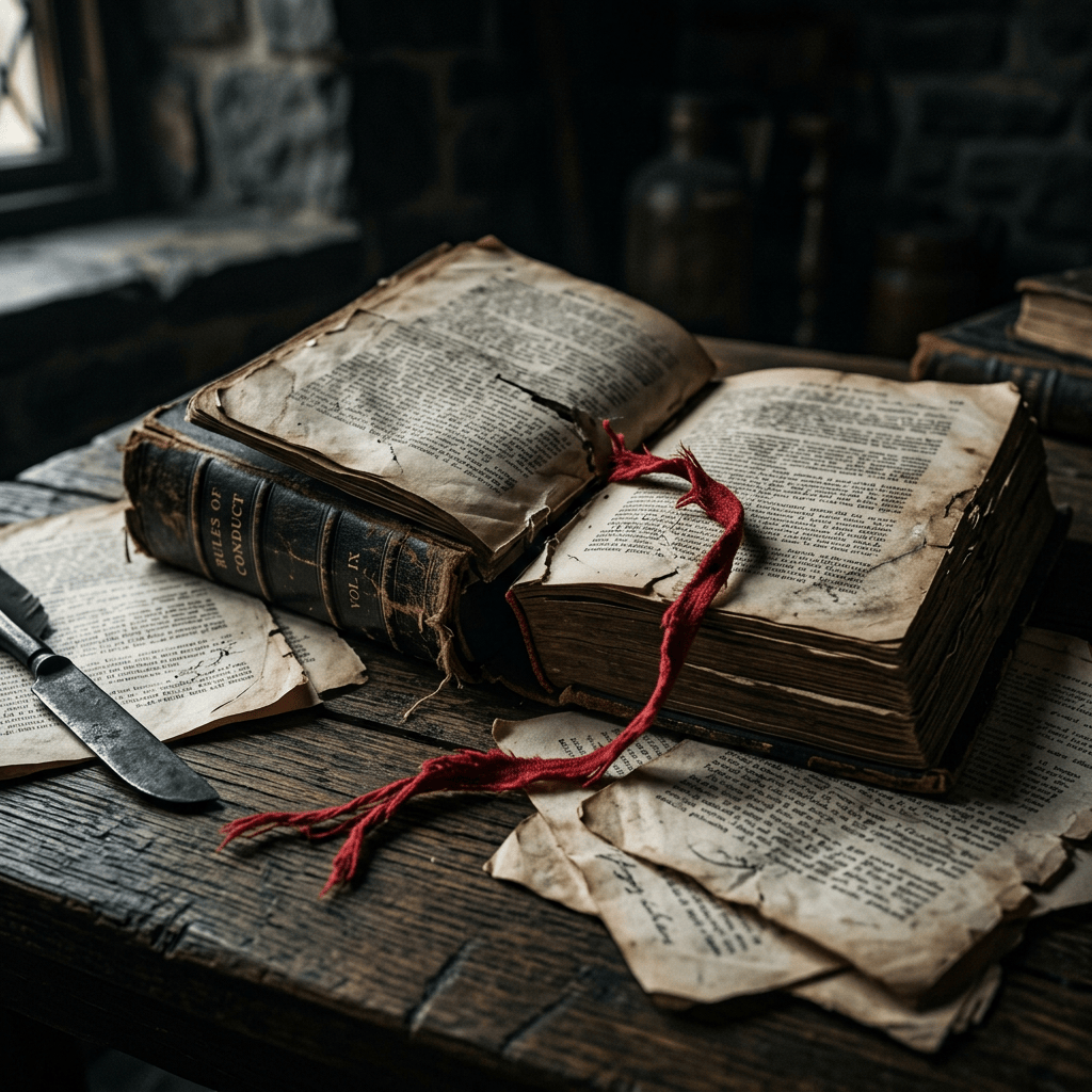 Open antique books and loose pages on a wooden table