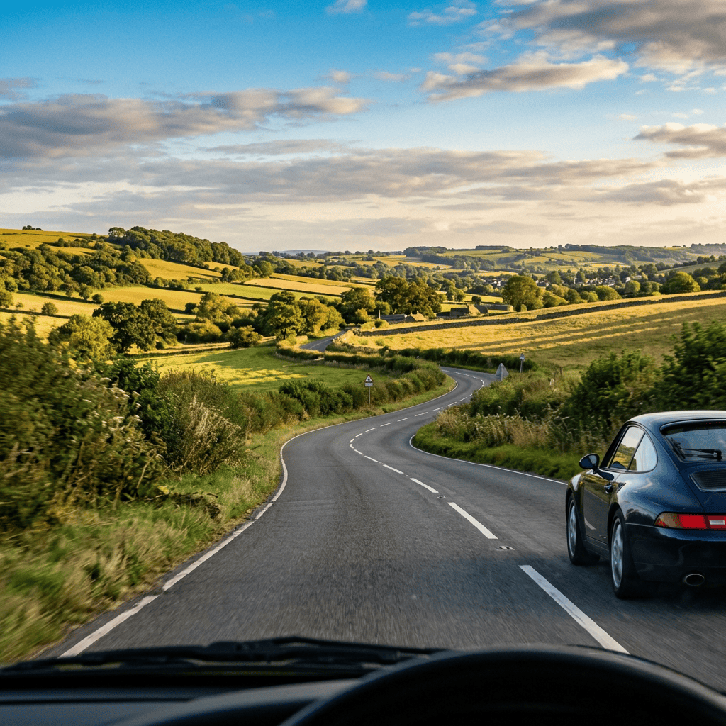 Sports car driving along a winding road through sunlit countryside