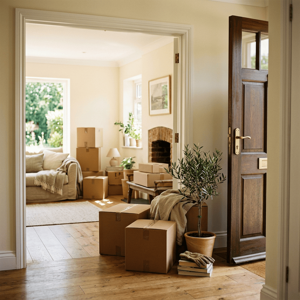 Packed moving boxes beside an open front door in a bright living room