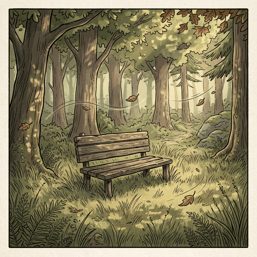 Rustic bench beside a winding path in an autumn forest