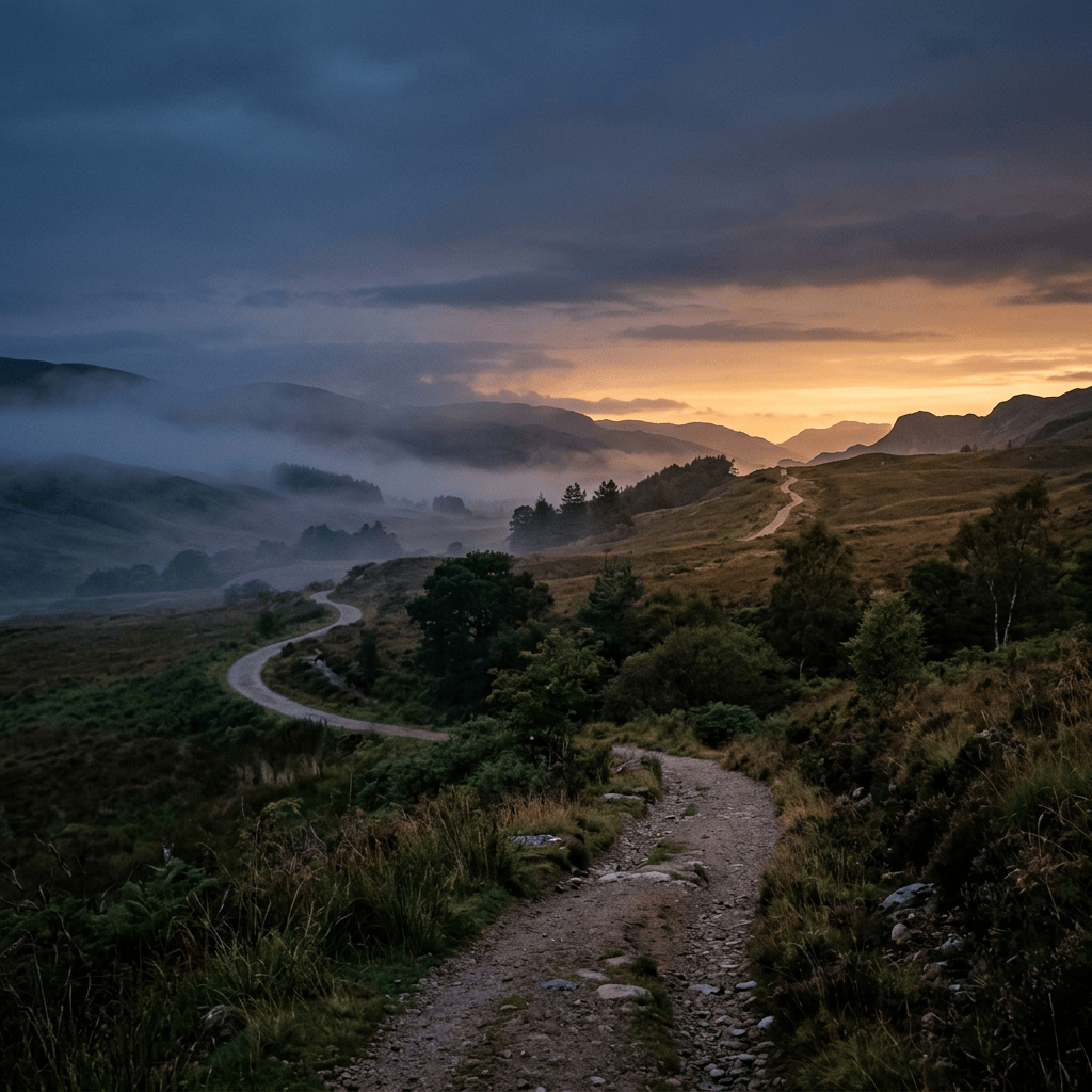Rocky mountain trail winding through misty hills at sunset
