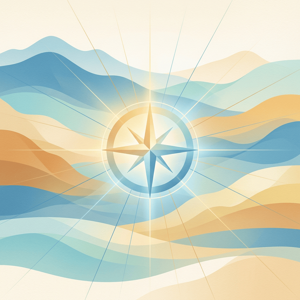 Stylized compass over layered blue, teal, and golden landscape waves