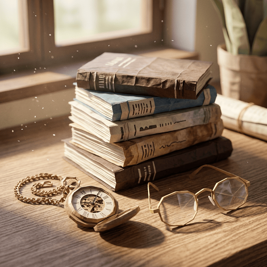 Stack of vintage books beside an antique pocket watch and glasses
