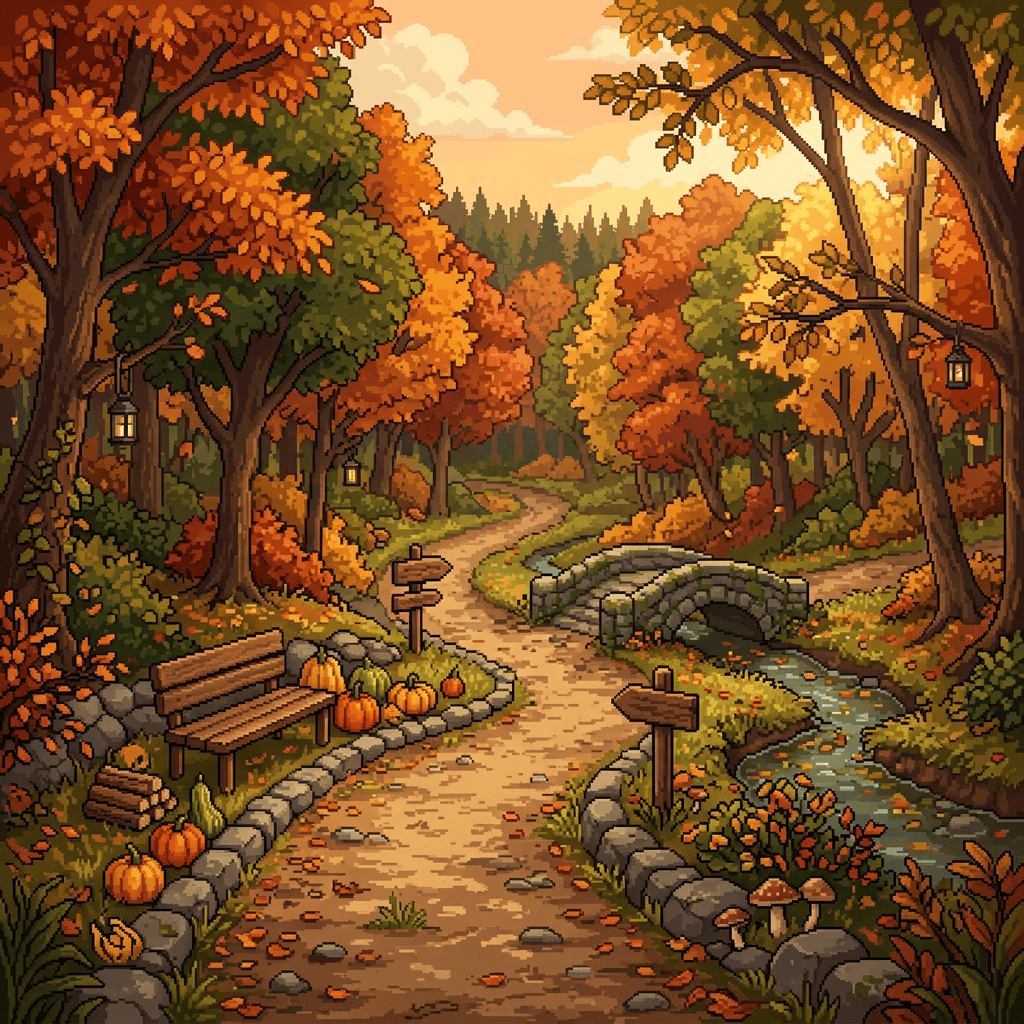 Pixel art autumn forest path with pumpkins, lanterns, and stone bridge