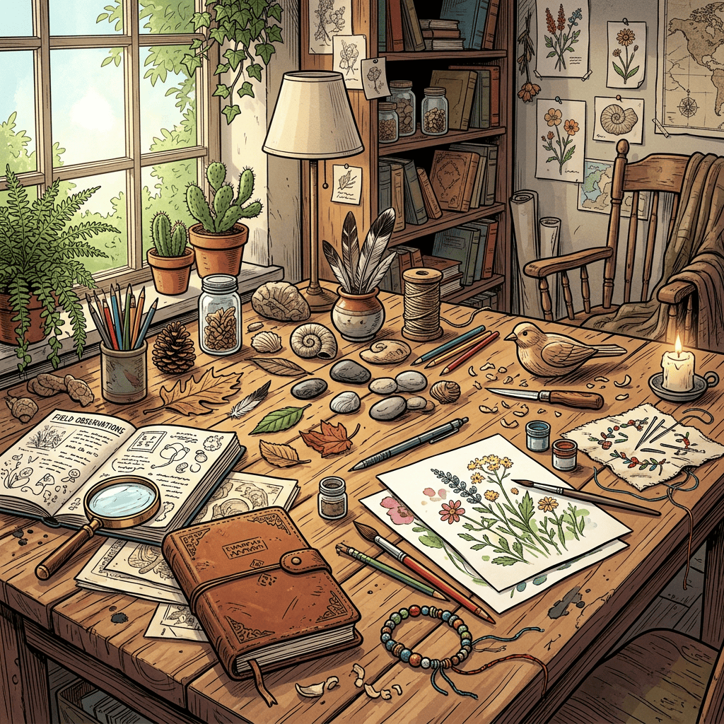 Naturalist’s worktable with plants, specimens, sketches, books, and a bird