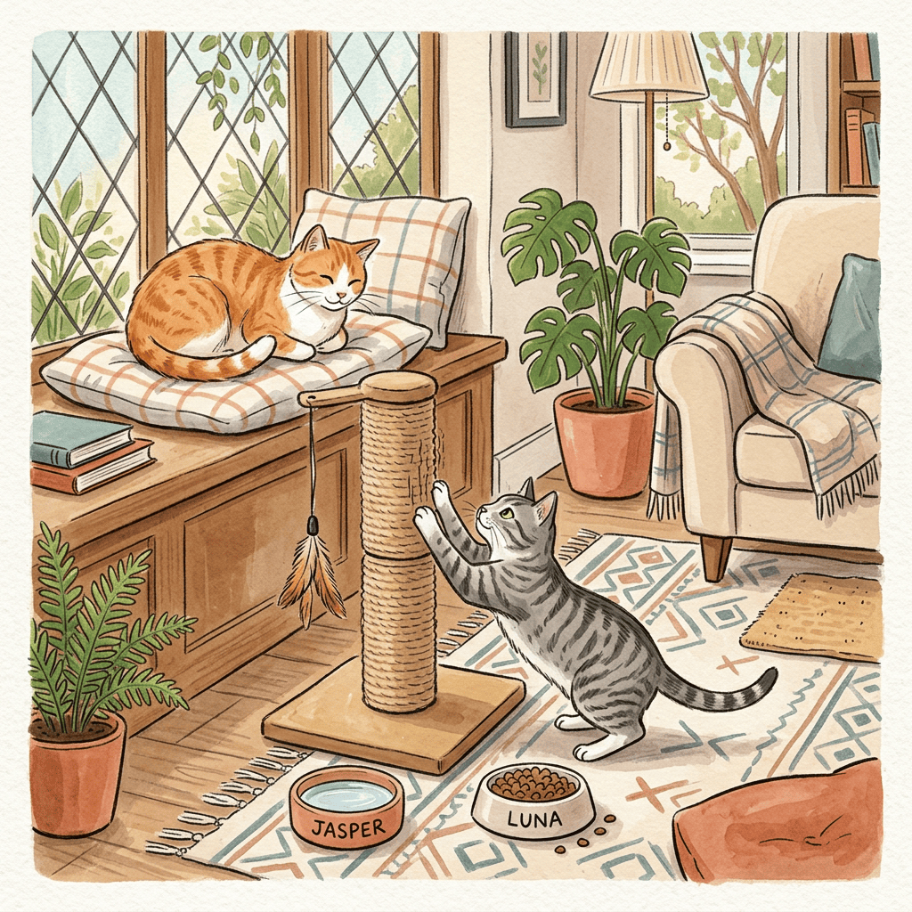 Two cats sharing territory in a cozy home