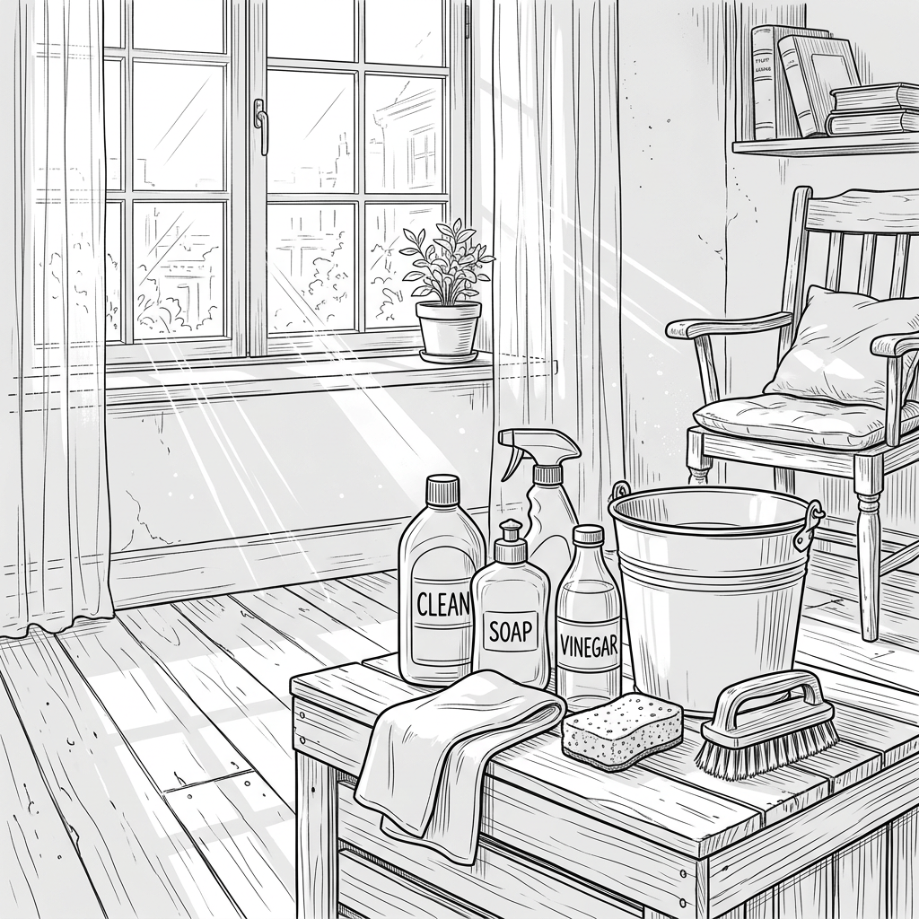 Cleaning bottles labeled CLEAN, SOAP, and VINEGAR beside brushes and bucket