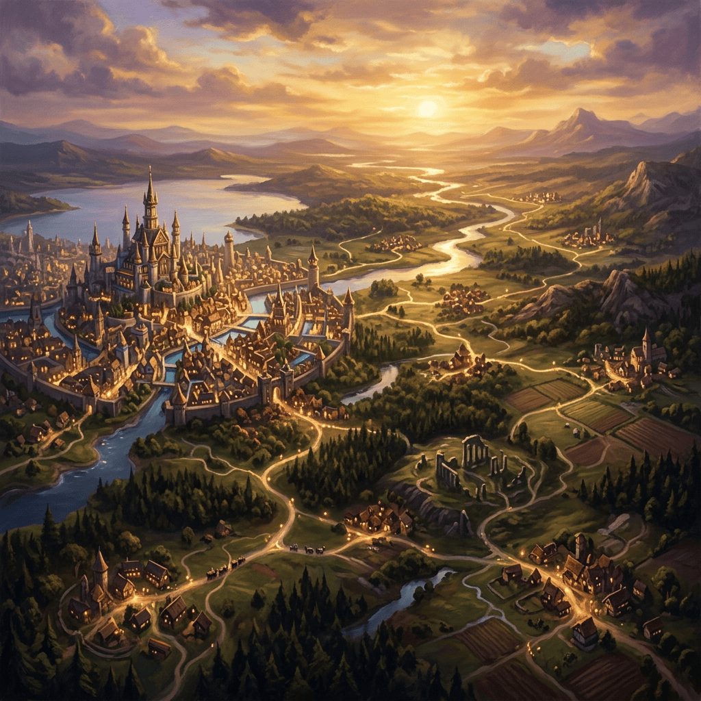 Fantasy kingdom with castle, villages, winding river, farmland, and mountains at sunset
