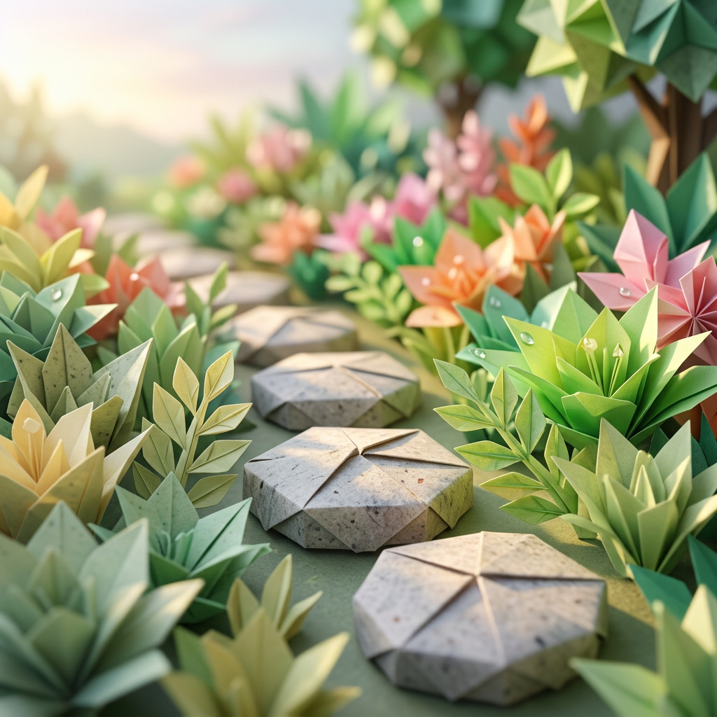 Origami flowers surrounding stone stepping stones along a garden path