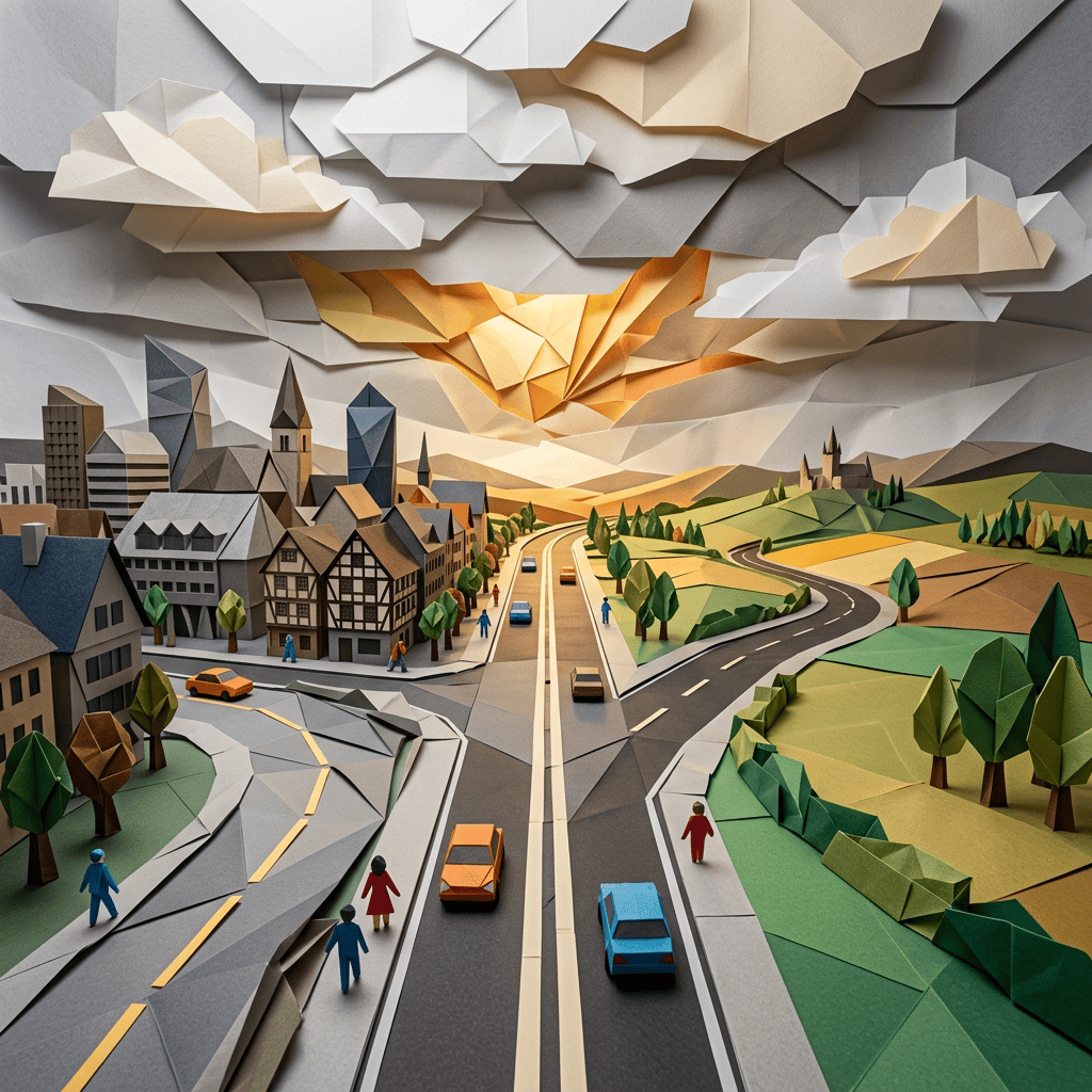 Paper-crafted town with roads, buildings, fields, and glowing sunset