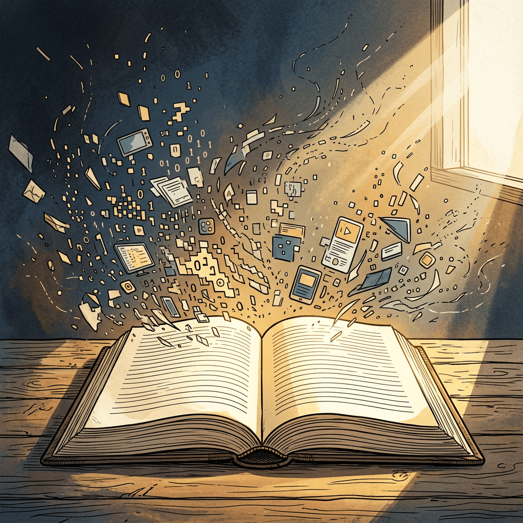 Open book with floating words, numbers, devices, and digital symbols