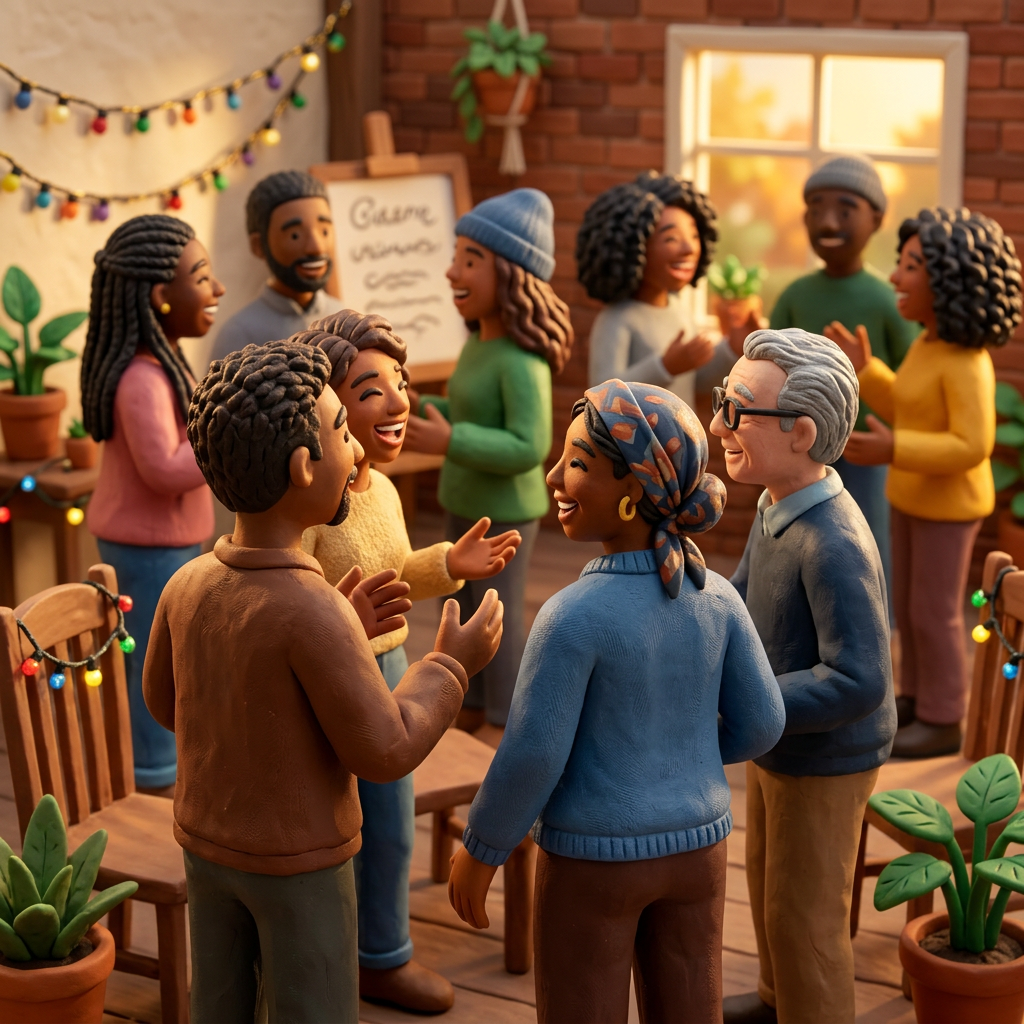 Diverse adults talking together at a warmly decorated indoor gathering