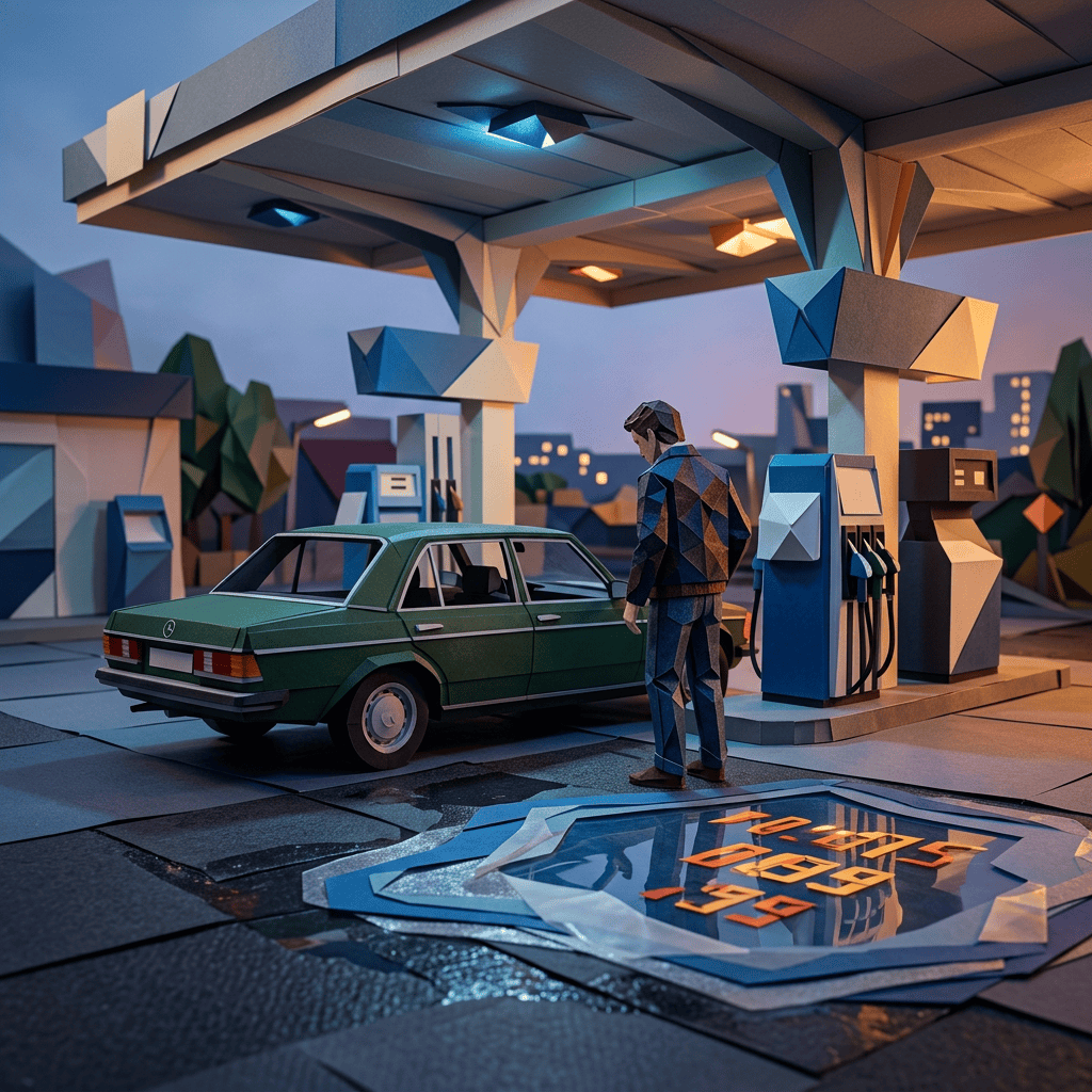Person refueling a green sedan at a gas station at dusk
