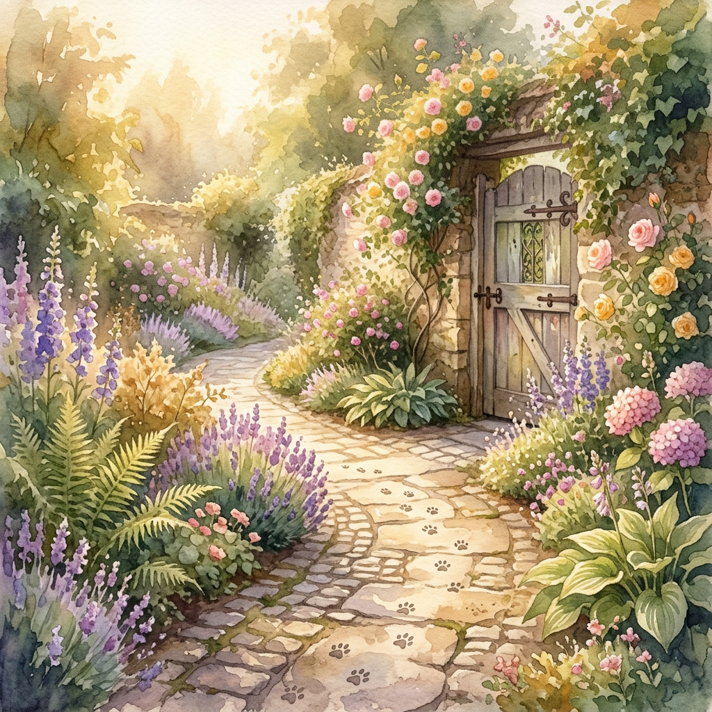Watercolor garden path lined with flowers leading to a wooden gate