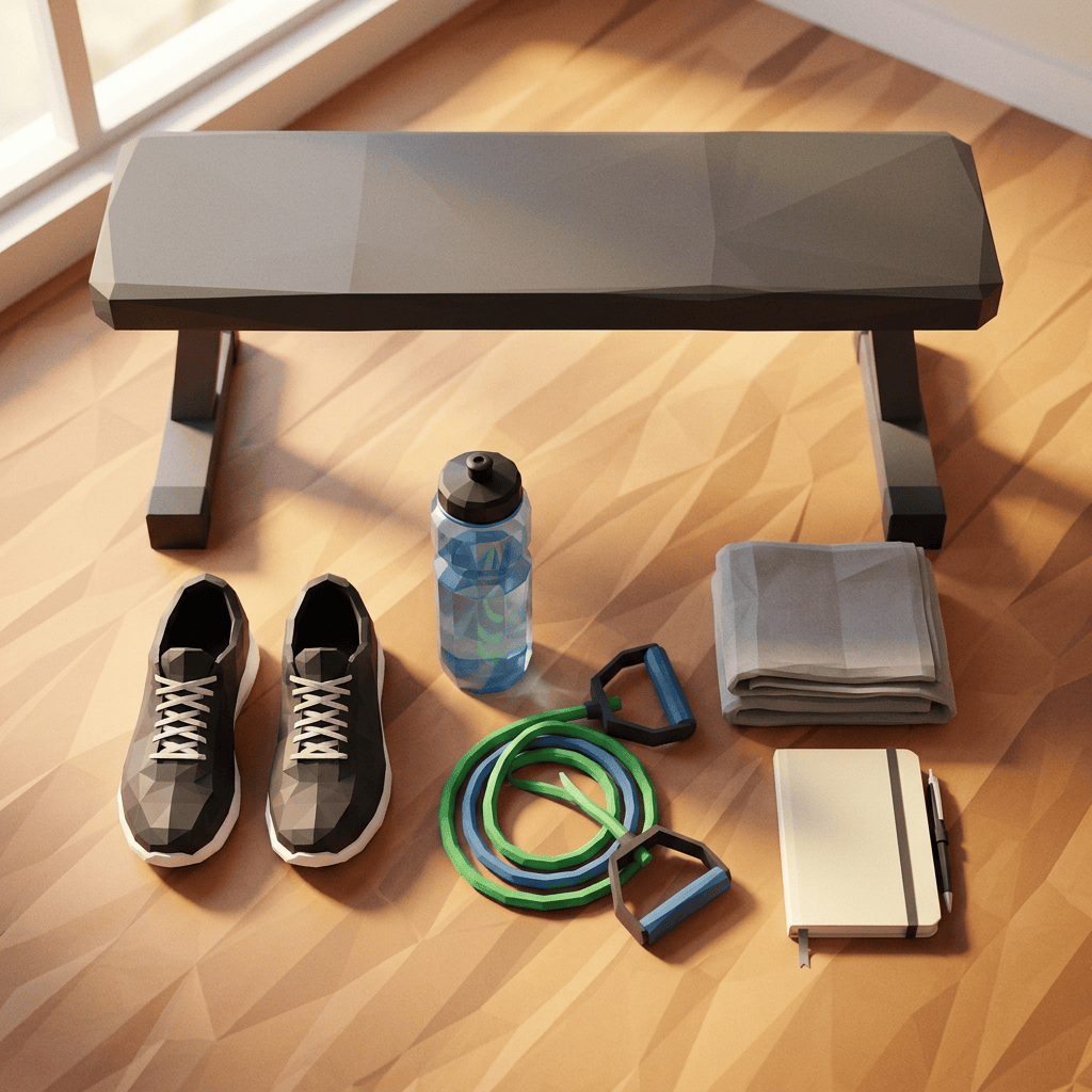 Home workout gear with shoes, water bottle, towel, resistance bands, and notebook
