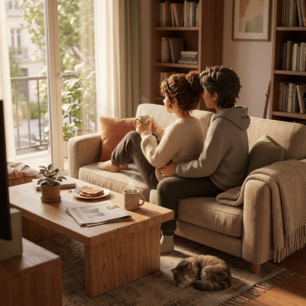 Two people sitting together on a sofa with coffee and a sleeping cat
