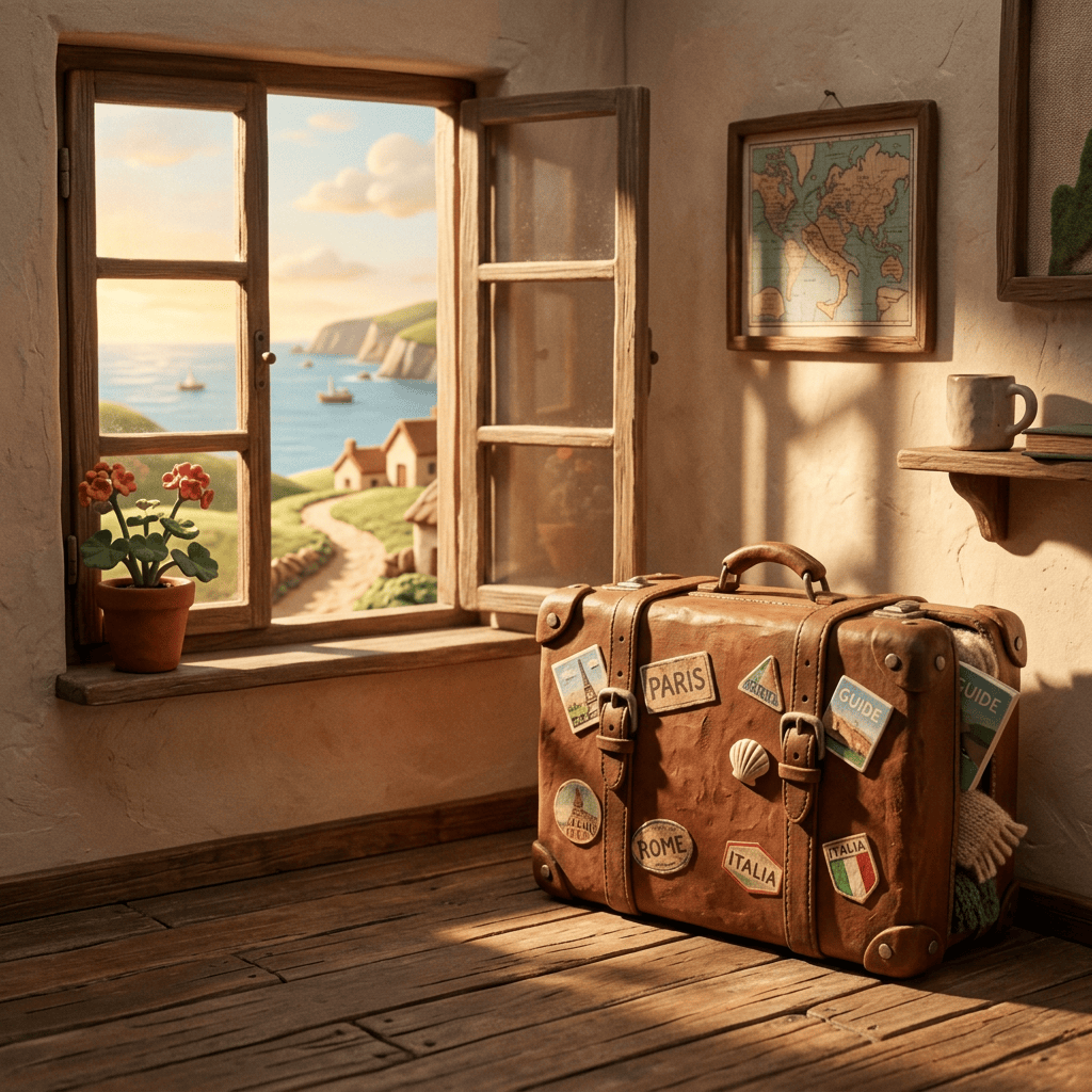 Vintage suitcase with travel stickers beside an open window overlooking a coastal village