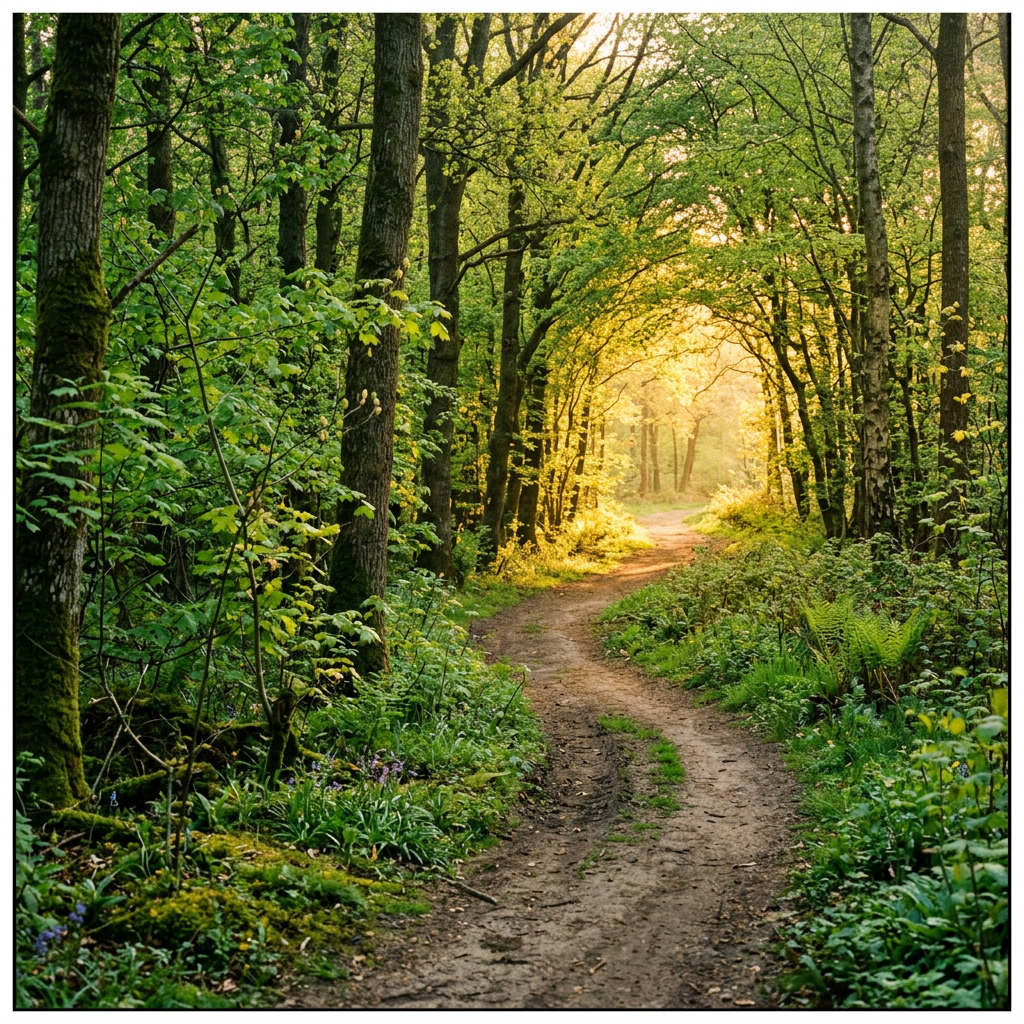 Narrow dirt path winding through a lush green forest in golden sunlight
