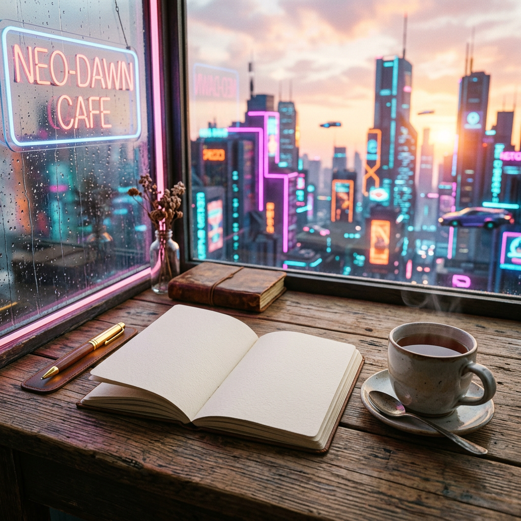 Open journal, tea, and pen on a cafe table overlooking a neon city