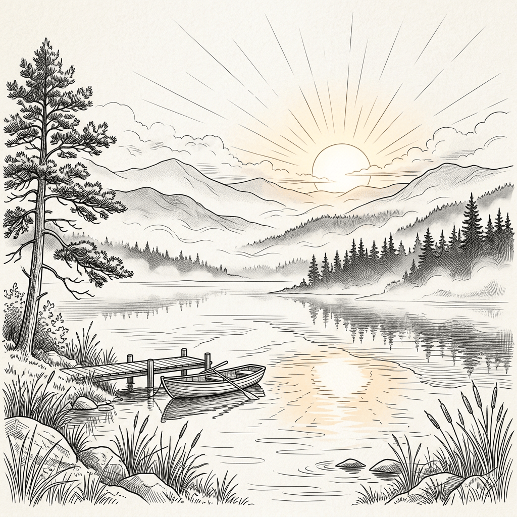Rowboat and dock on a mountain lake at sunrise