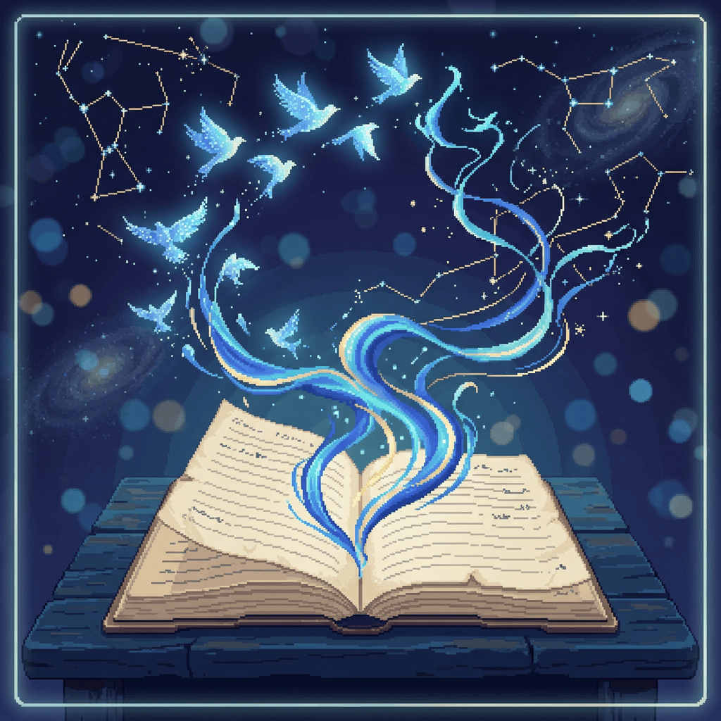 Open book with glowing birds and ribbons rising into a starry sky