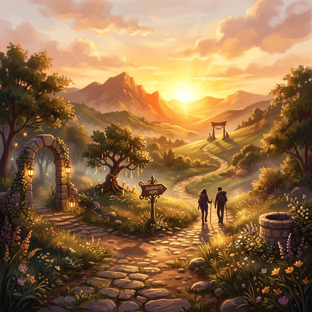 Two travelers walking toward a sunset through a mountain valley