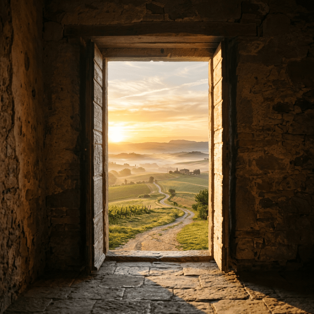 Sunrise over vineyards viewed through an open stone doorway