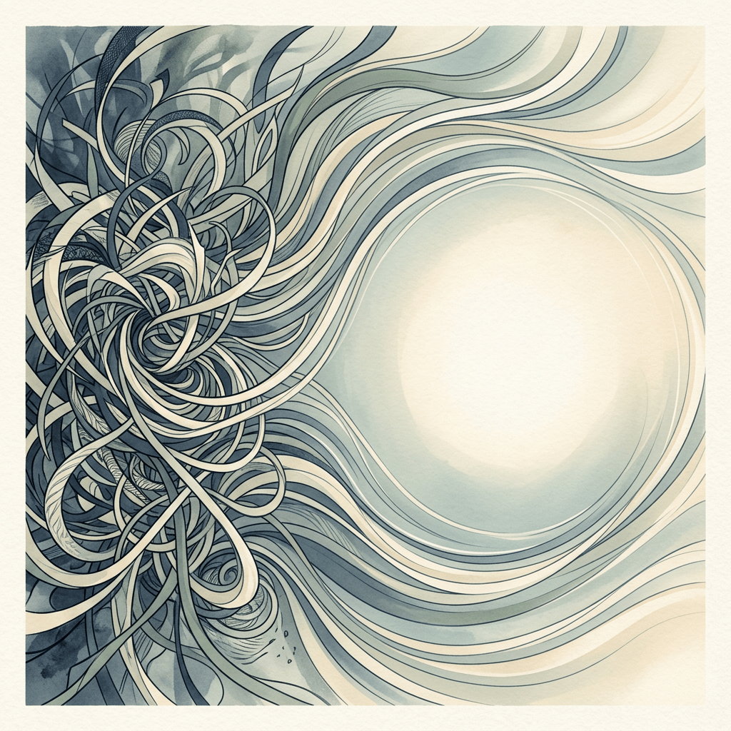 Abstract botanical illustration with curling blue-green tendrils around a pale center